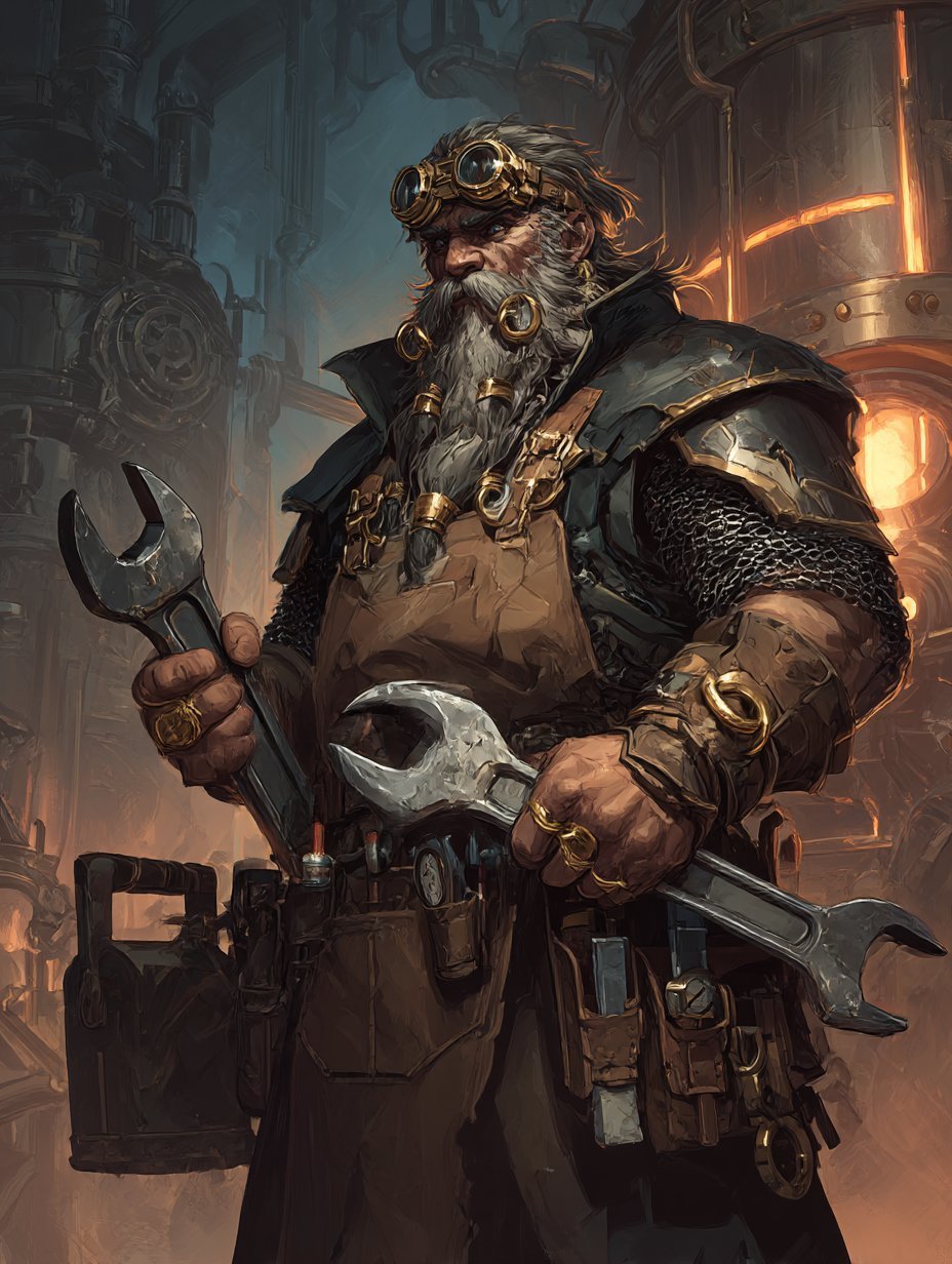 A goggled dwarven engineer holding wrenches, gold beard-rings, leather apron