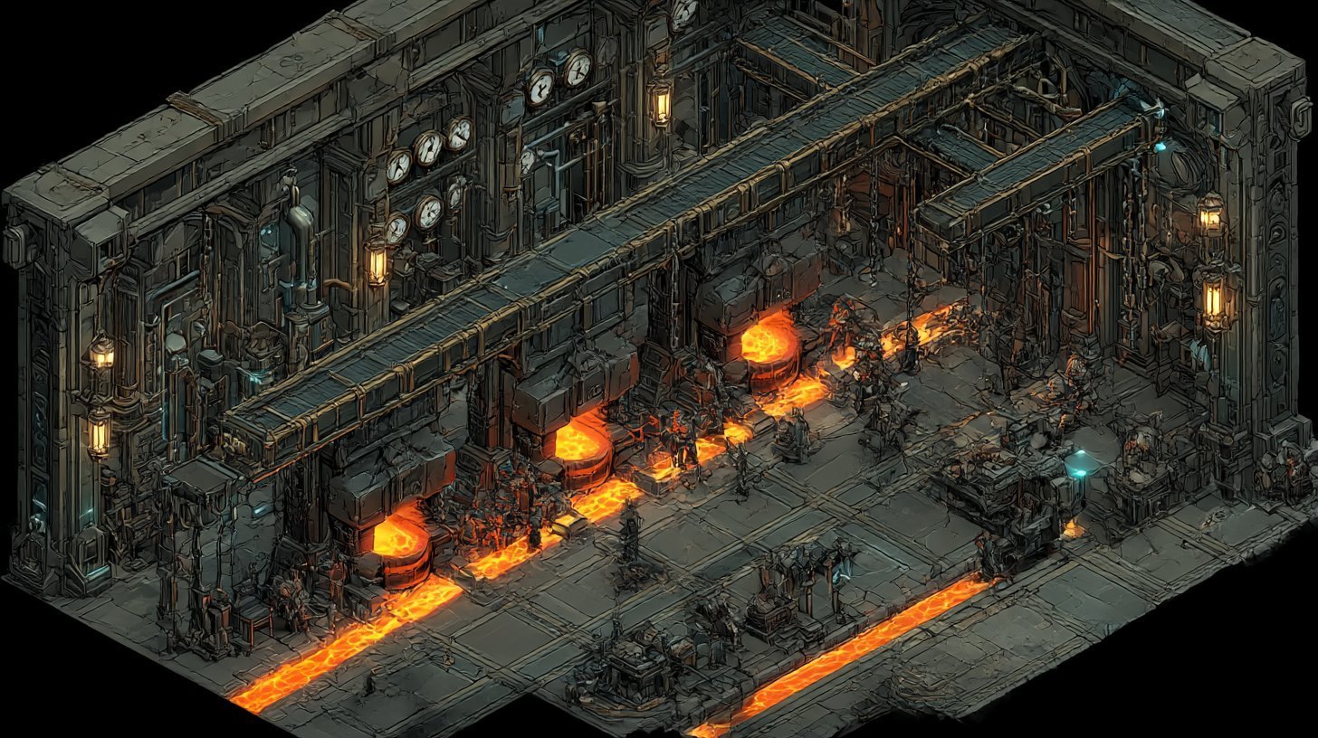 A working forge wing with banked fires, brass pipework overhead, and dwarves at their stations