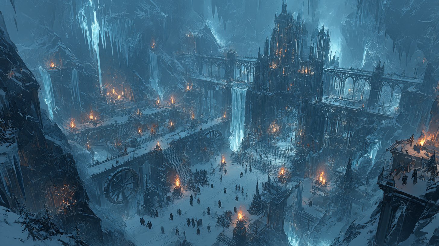 A vast ice citadel with a cathedral-like ice tower and frozen waterfalls