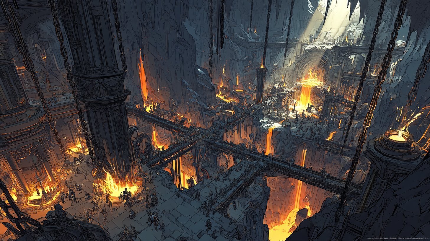 Lower caverns with magma flows and dwarves at work