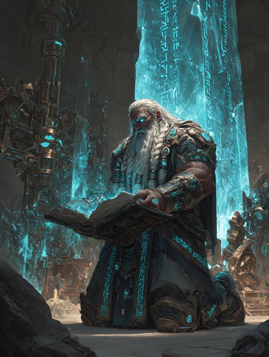 A white-bearded runic shaman kneeling with a glowing tome before crystal pillars