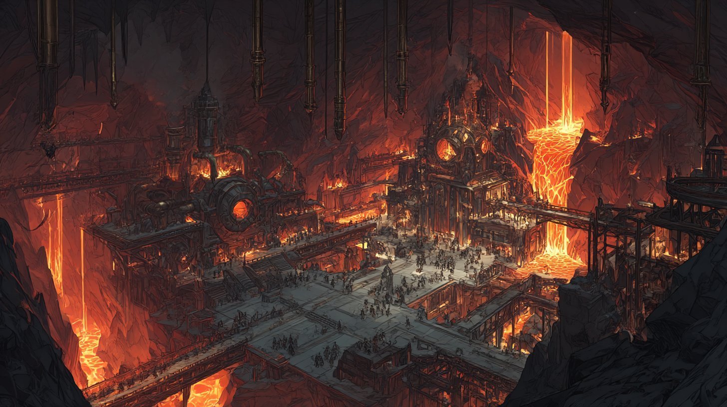 A volcanic dwarven cathedral flanked by natural magma channels
