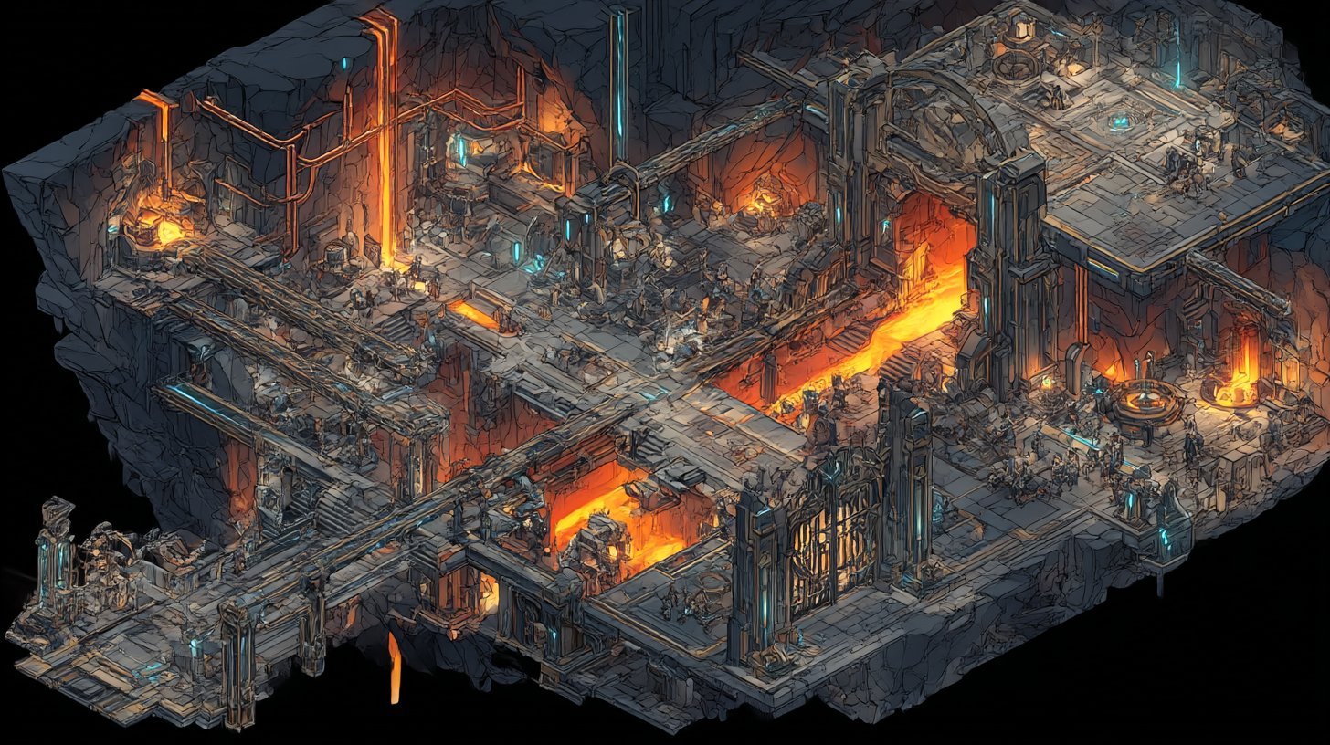 A working dwarven hold seen from above: multiple chambers, magma channels, brass pipework overhead, dwarves at their stations
